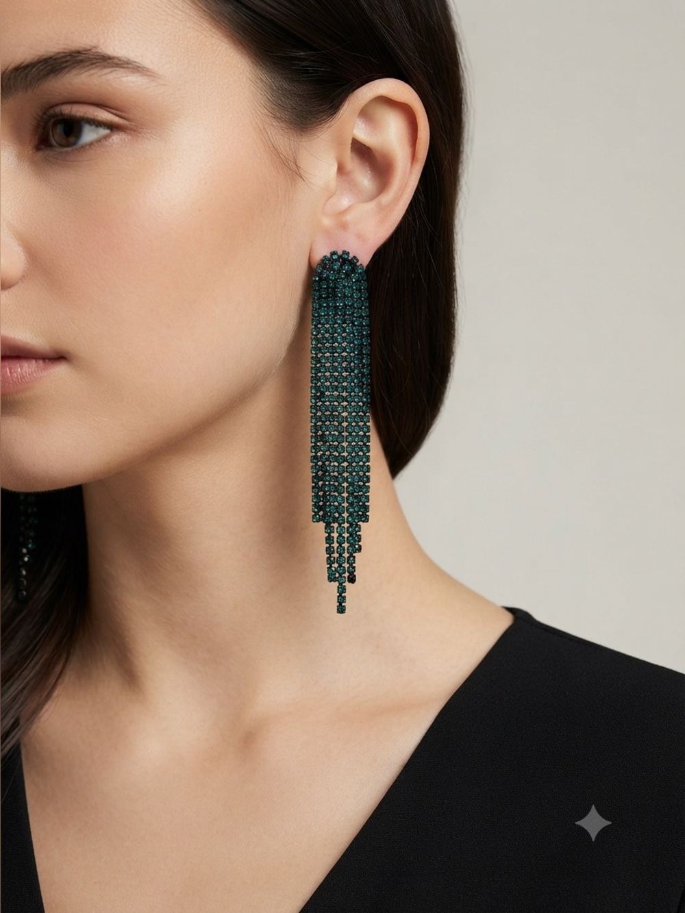 Teal Rhinestone Tassel Drop Earrings | Blue Green Statement Party Earrings